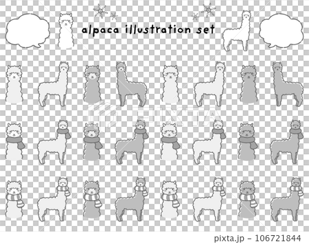 戴著圍巾（語音氣泡）的羊駝黑白插圖集 106721844