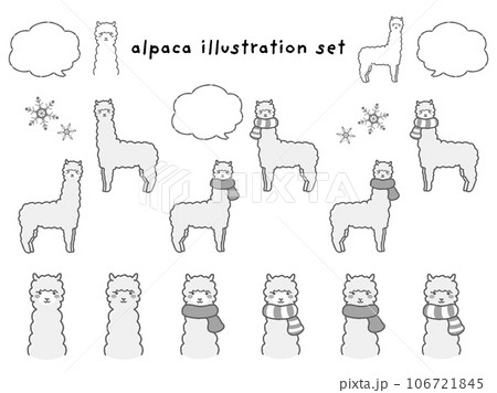 ふわふわのアルパカのイラストセット（吹き出し付き）白黒 106721845