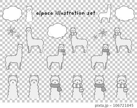 ふわふわのアルパカのイラストセット（吹き出し付き）白黒 106721845