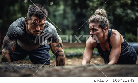 公園でワークアウト・筋トレする男女のカップル（腕立て伏せ・プッシュアップ） 106721848