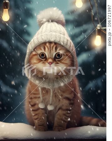 冬の夜の雪の中で遊ぶ猫 AI画像のイラスト素材 [106721997] - PIXTA