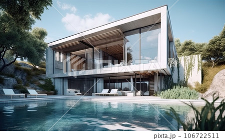 Design house - modern villa with open plan living and private bedroom wing. Large terrace with privacy and, swimming pool. Generative AI. Design house - modern villa with open plan living and private bedroom wing. Large terrace with privacy and, swimming pool. Generative AI. 106722511