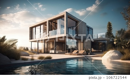 Design house - modern villa with open plan living and private bedroom wing. Large terrace with privacy and, swimming pool. Generative AI. 106722544