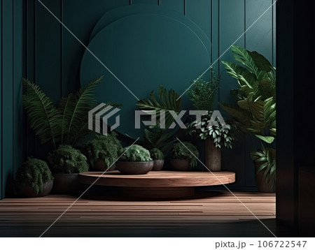 Green podium in modern tropical background for product placement 3d render. AI Generative 106722547