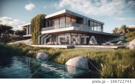Design house - modern villa with open plan living and private bedroom wing. Large terrace with privacy and, swimming pool. Generative AI. 106722741