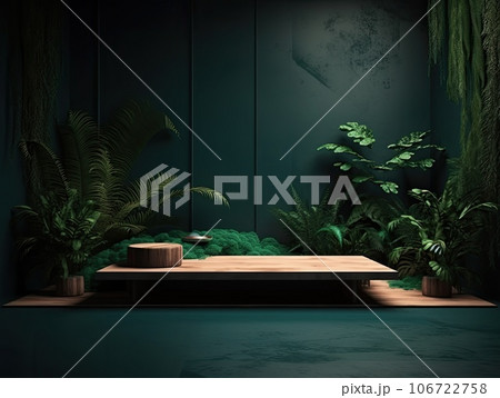 Green podium in modern tropical background for product placement 3d render. AI Generative 106722758