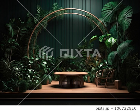 Green podium in modern tropical background for product placement 3d render. AI Generative Green podium in modern tropical background for product placement 3d render. AI Generative 106722910