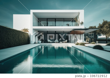 Design house - modern villa with open plan living and private bedroom wing. Large terrace with privacy and, swimming pool. Generative AI. 106722912