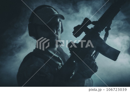 Bearded special forces soldier in the smoke 106723039