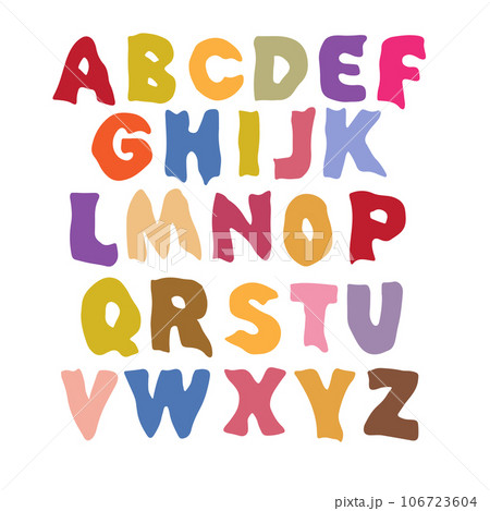 Hand drawn doodle style alphabet. Warp colourful letters. 106723604