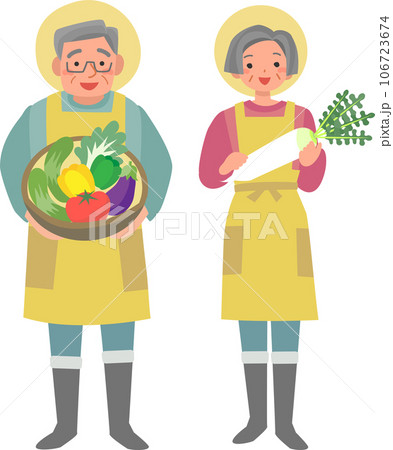 野菜の収穫をする笑顔のシニア夫婦 野菜の収穫をする笑顔のシニア夫婦 106723674