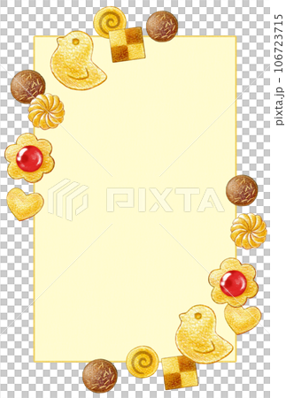 たくさんの種類のクッキーの色鉛筆画ポストカードテンプレート 106723715
