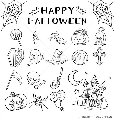 手描きのハロウィンのイラストセット モノクロ 手描きのハロウィンのイラストセット モノクロ 106724430