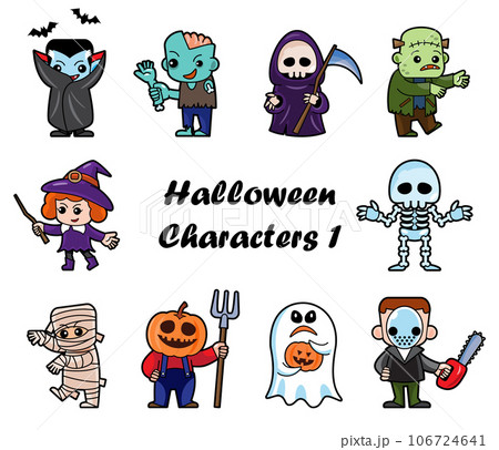 Cute halloween cartoon characters . White isolated background . Vector . Set 1 of 4 . 106724641