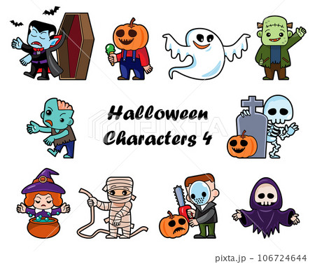 Cute halloween cartoon characters . White isolated background . Vector . Set 4 of 4 . 106724644