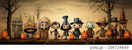 Whimsical Halloween Scarecrows in a Field 106724649