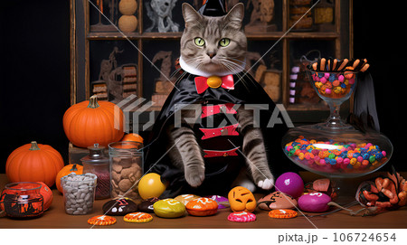 Tabby cat in a vampire costume with Halloween decorations 106724654