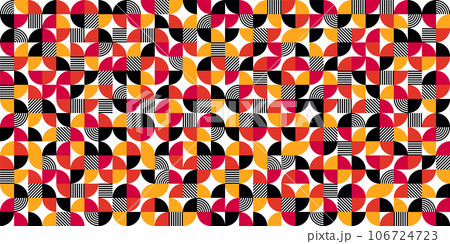 Geometric trendy pattern, Bauhaus style. Modern colorful background with simple elements. Retro texture with basic geometric shapes. Print design, minimalist poster cover. Vector illustration 106724723
