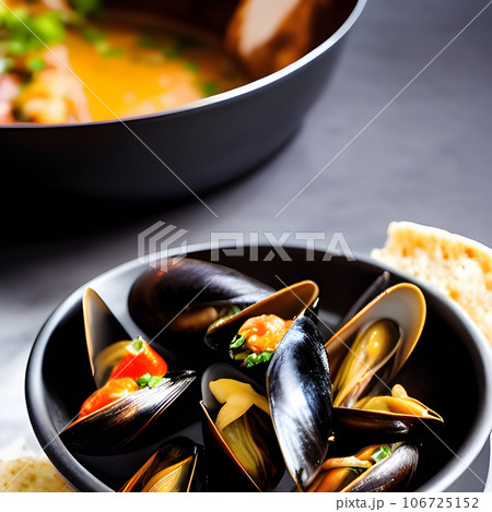 Delicious seafood mussels Sherry with Chorizo sauce and parsley, tasty food Delicious seafood mussels Sherry with Chorizo sauce and parsley, tasty food 106725152