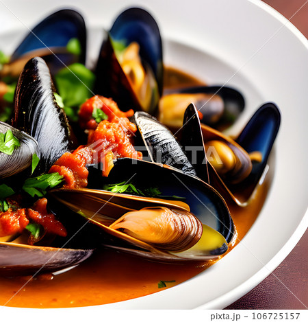 Delicious seafood mussels Sherry with Chorizo sauce and parsley, tasty food Delicious seafood mussels Sherry with Chorizo sauce and parsley, tasty food 106725157