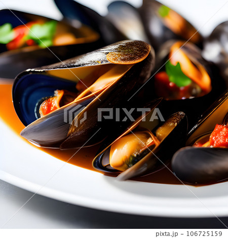 Delicious seafood mussels Sherry with Chorizo sauce and parsley, tasty food 106725159
