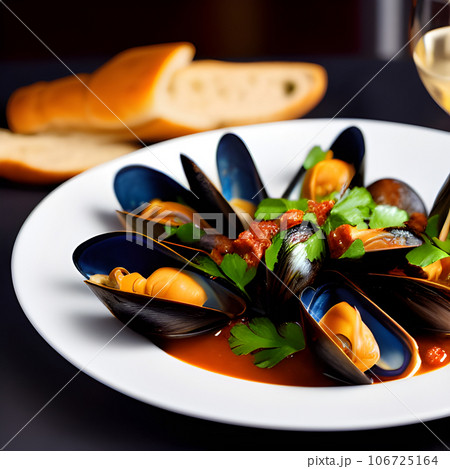Delicious seafood mussels Sherry with Chorizo sauce and parsley, tasty food Delicious seafood mussels Sherry with Chorizo sauce and parsley, tasty food 106725164