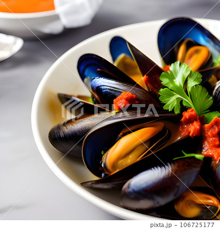 Delicious seafood mussels Sherry with Chorizo sauce and parsley, tasty food 106725177