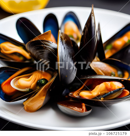 Delicious seafood mussels Sherry with Chorizo sauce and parsley, tasty food Delicious seafood mussels Sherry with Chorizo sauce and parsley, tasty food 106725179