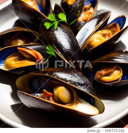 Delicious seafood mussels Sherry with Chorizo sauce and parsley, tasty food Delicious seafood mussels Sherry with Chorizo sauce and parsley, tasty food 106725182