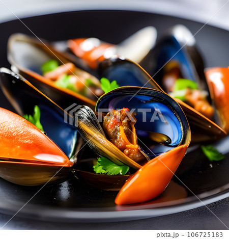 Delicious seafood mussels Sherry with Chorizo sauce and parsley, tasty food 106725183