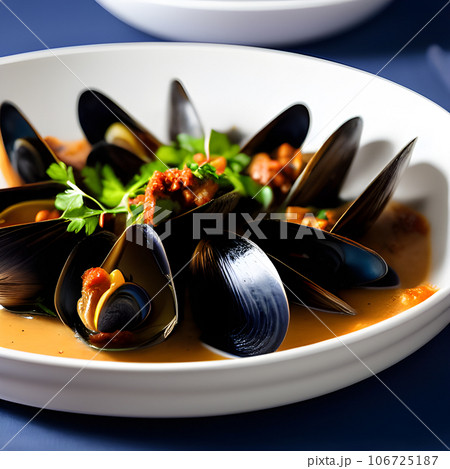 Delicious seafood mussels Sherry with Chorizo sauce and parsley, tasty food 106725187