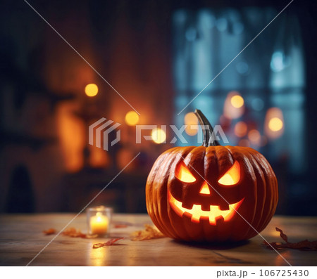 Halloween pumpkin with glowing eyes and a cheerful yet eerie smile on a table in a room 106725430