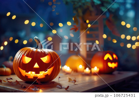 Halloween pumpkin placed on a table with colorful Halloween lights 106725431