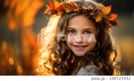 Portrait of a smiling 8 years old girl, in a crown of colorful autumn leaves 106725432