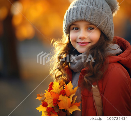 Portrait of a 7-8 year old girl in a beanie holding colorful autumn leaves 106725434