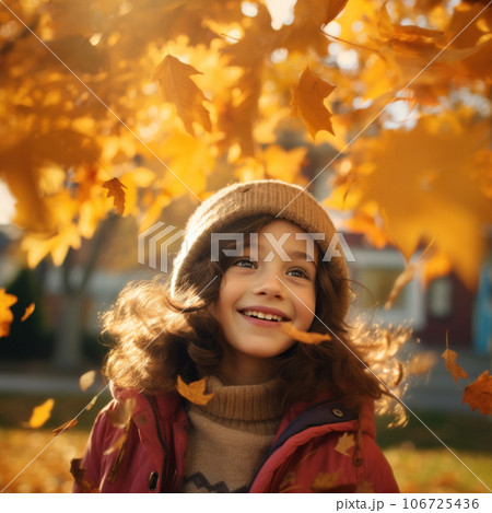 Smiling 7-year-old girl standing under a yellow maple tree in autumn park. Generative AI 106725436