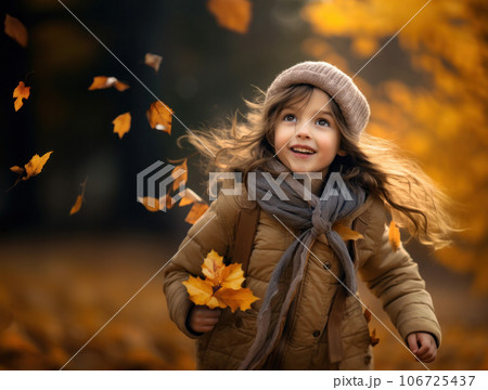 A 5 years old girl running happily in autumn park holding bunch of yellow leaves. Generative AI 106725437