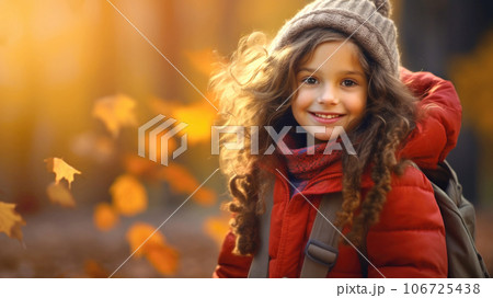 7 year old girl closeup portrait against falling golden leaves in autumn park. Generative AI 106725438