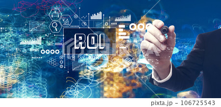 ROI theme with businessman in a bokeh neon light trails city background ROI theme with businessman in a bokeh neon light trails city background 106725543