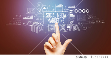 Social media marketing theme with hand pressing a button Social media marketing theme with hand pressing a button 106725544