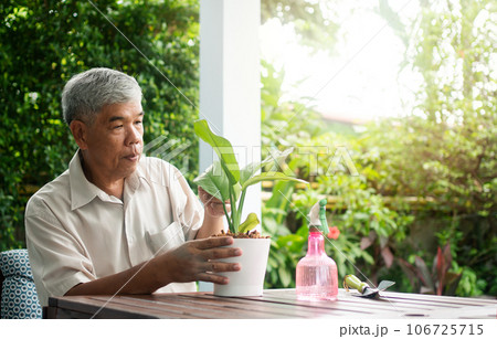 A happy and smiling Asian old elderly man is planting for a hobby after retirement in a home. Concept of a happy lifestyle and good health for seniors. 106725715