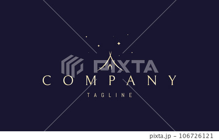 A vector golden logo with an abstract image of a camp fire against the background of a tent. 106726121