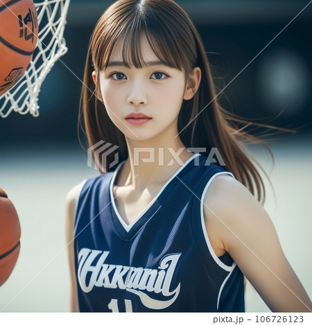 コート前でバスケットボールを取りに行く女性(生成AI) 106726123