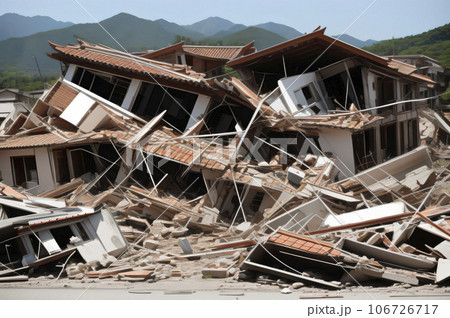 地震で壊れた家。大地震で崩壊した町並みのAI画像。のイラスト素材 [106726717] - PIXTA