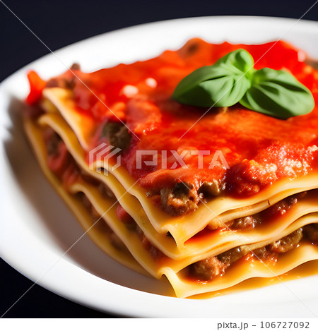 Delicious Lasagna, minced beef bolognese sauce, hot tasty Lasagna with cheese  106727092