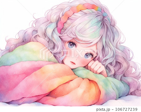 虹色ヘアバンドのブランケットに包まれた女の子のイラスト素材