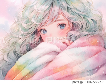 フワフワ虹色ブランケットに包まれた女の子 106727242