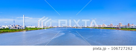 荒川河口橋 から見た 荒川 の 河口 と 清砂大橋 【 東京都 の 河川 の 風景 】 106727262