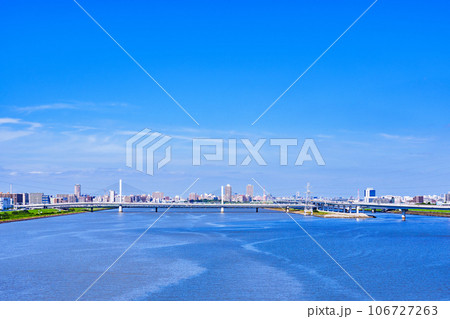 荒川河口橋 から見た 荒川 の 河口 と 清砂大橋 【 東京都 の 河川 の 風景 】 106727263