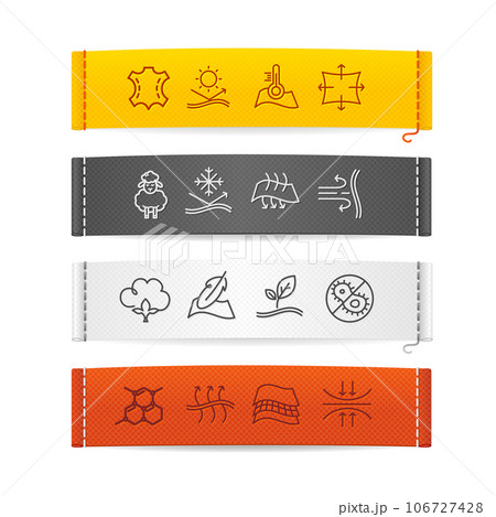 Realistic 3d Detailed Horizontal Textile Labels or Badges with Different Cloth Functional Features Set. Vector 106727428